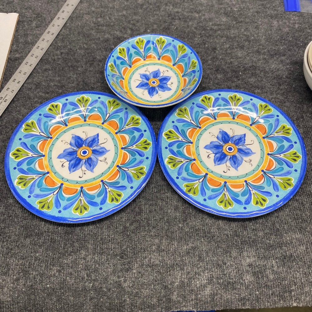 Bed Bath & Beyond Melamine Talavera Floral Plates and Bowl Set 3pc Blue Orange